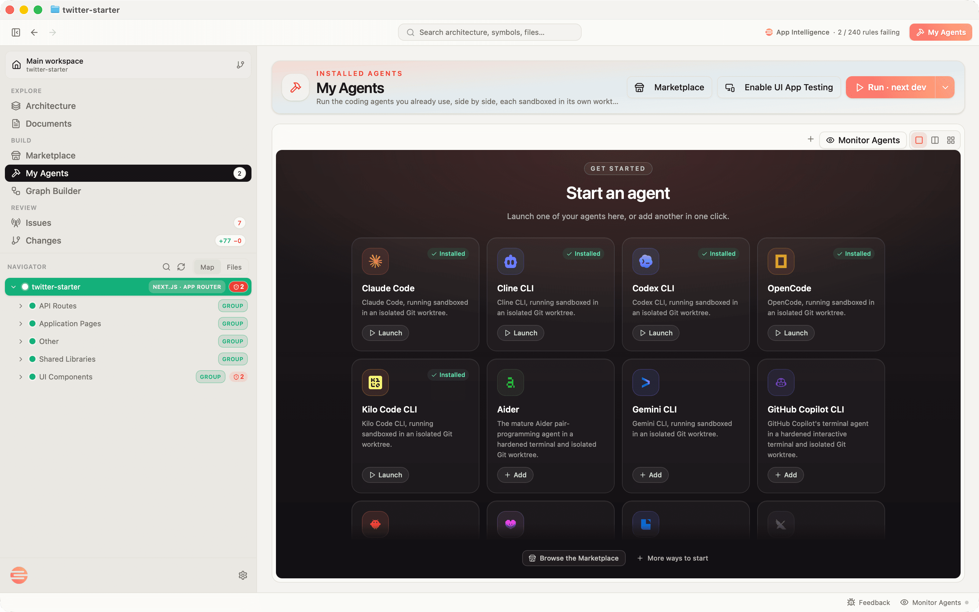 Start an agent in Panolayer, with installed coding agents and options to add more