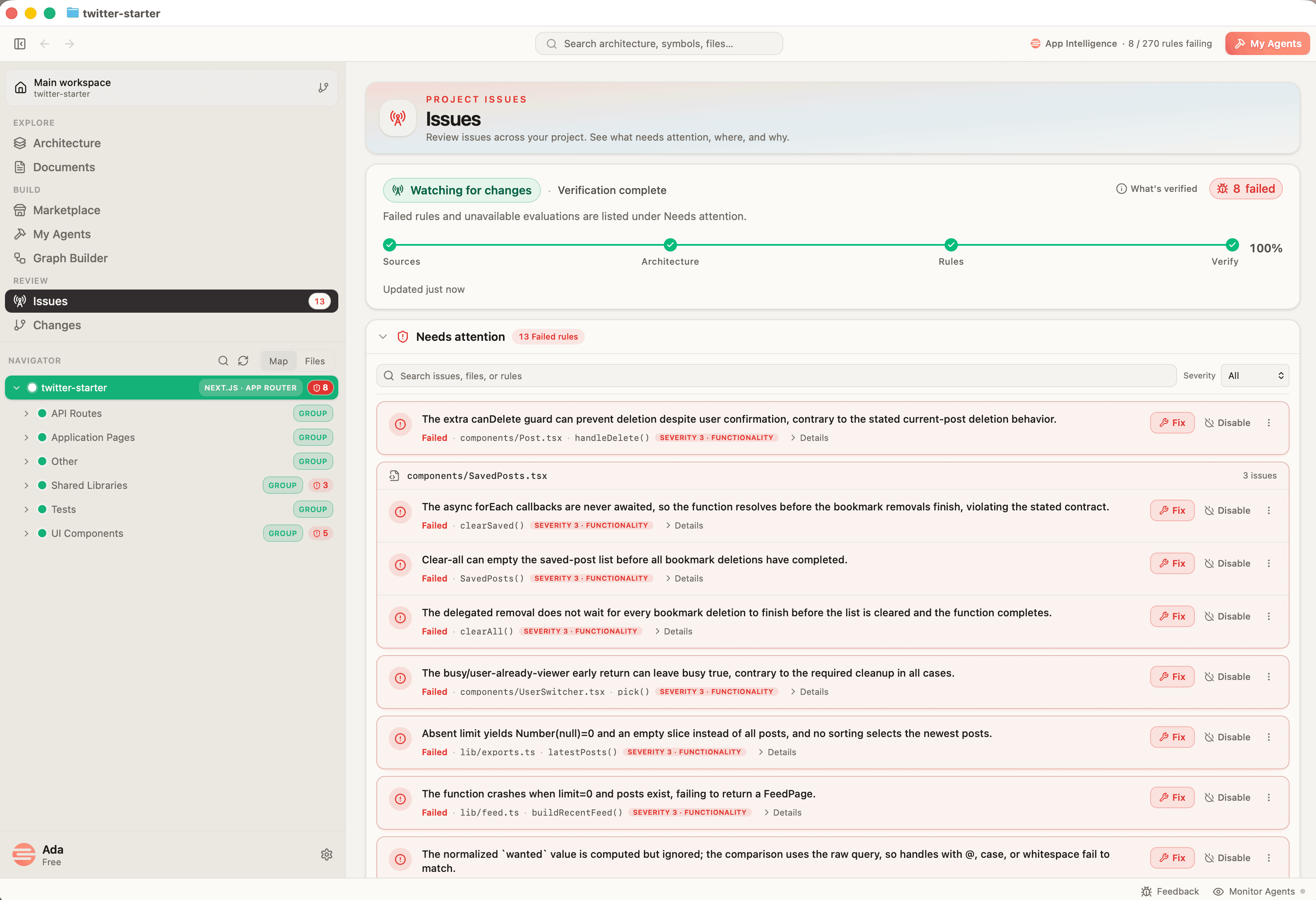 The Issues page after verification, with detected issues listed under Needs attention.