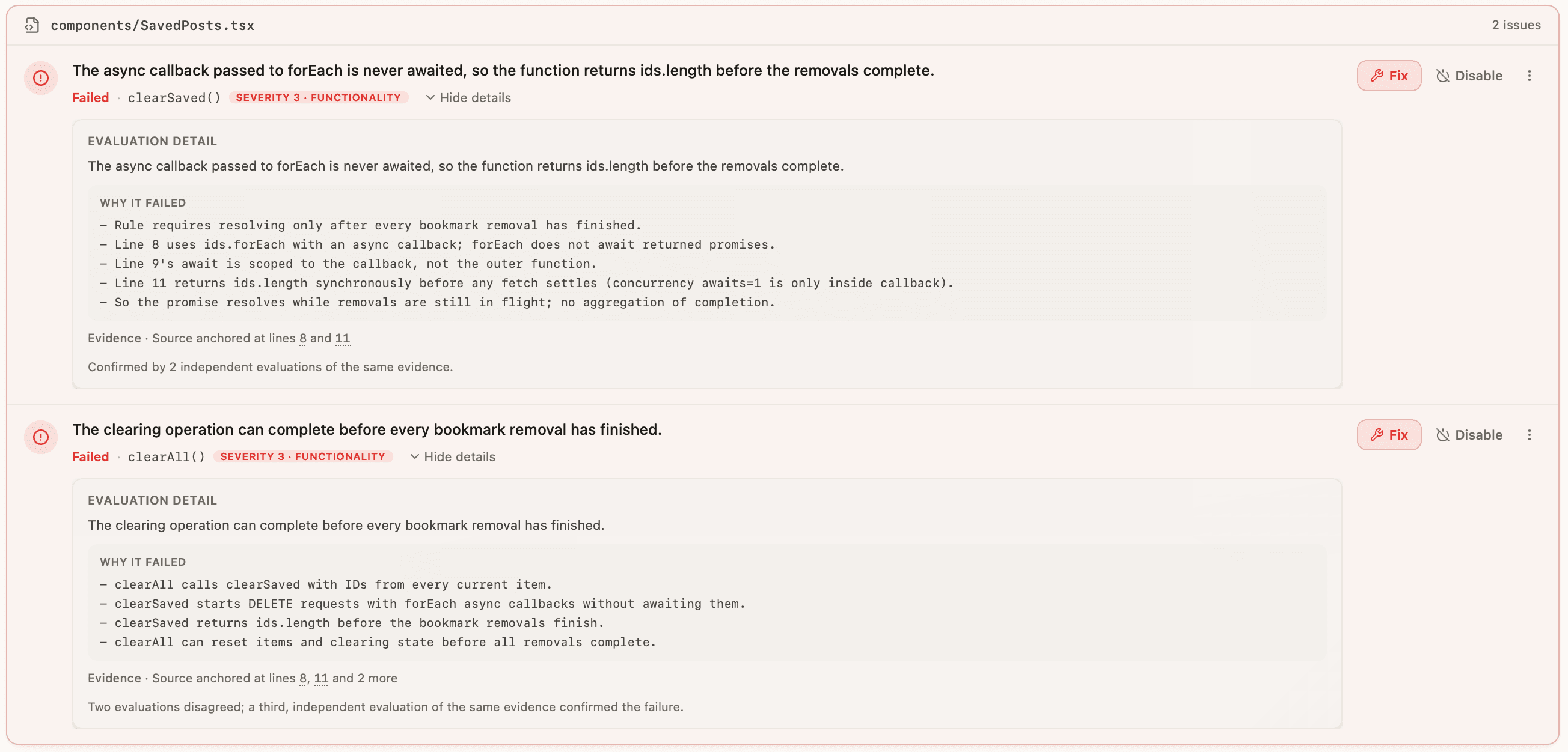 Full expanded Details view for the Twitter example’s clearSaved and clearAll issues in components/SavedPosts.tsx, including the failure explanations and source locations.