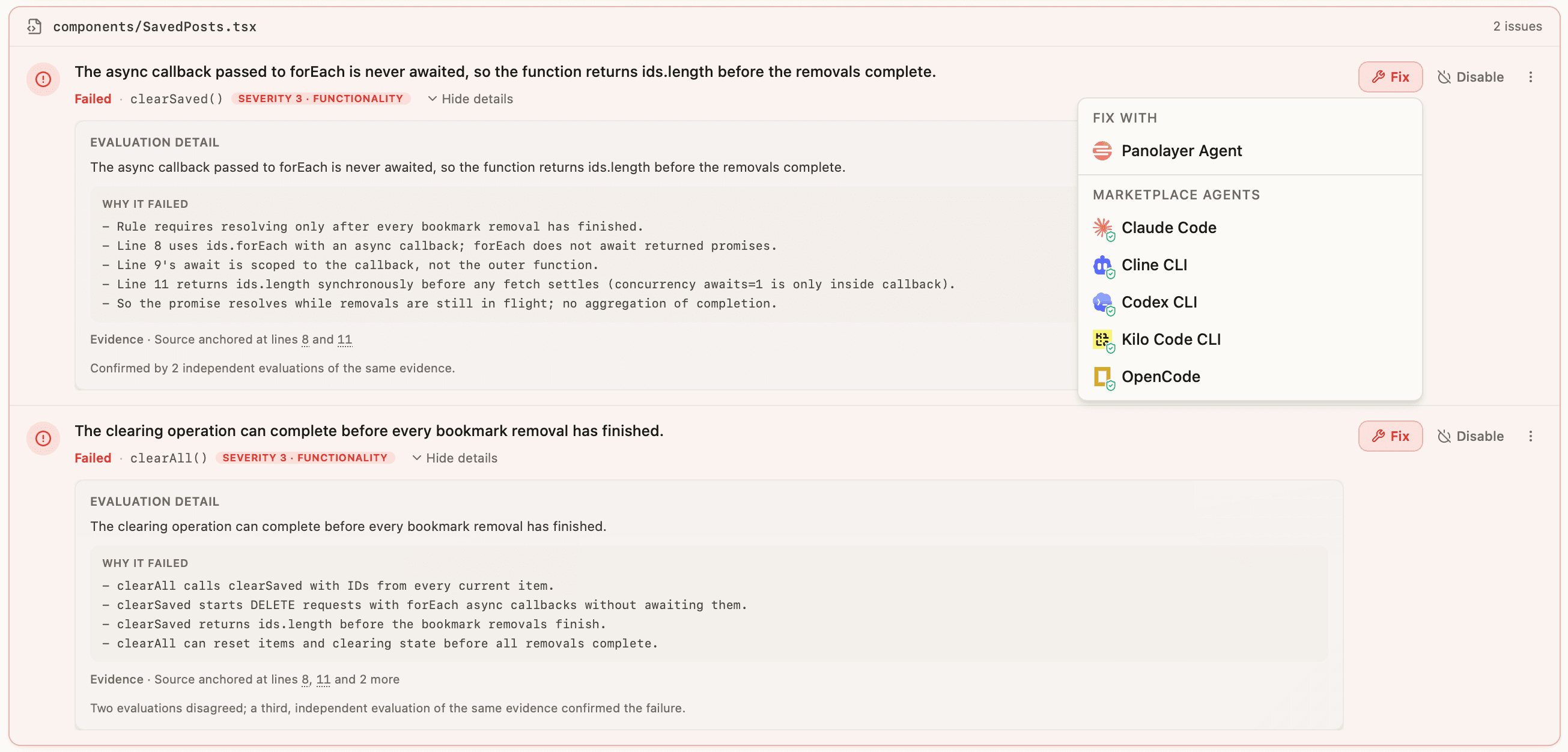 Fix menu open on an issue in the Twitter example, showing Panolayer Agent and installed Marketplace agents including Claude Code, Codex CLI, Kilo Code CLI, and OpenCode.