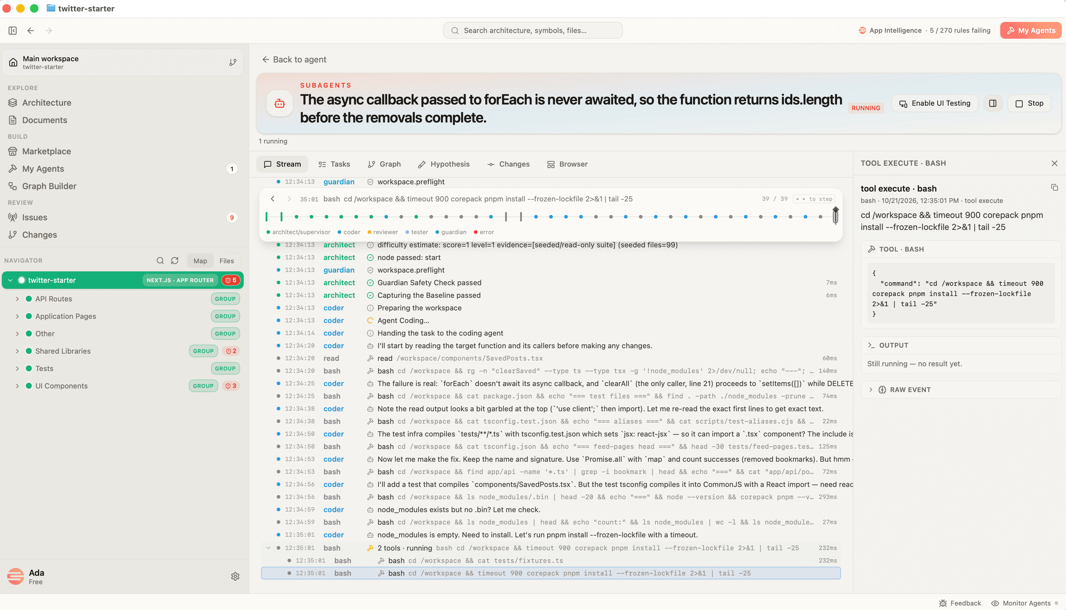 The Twitter example’s agent run open in Stream, showing the activity timeline, commands, and a selected command’s details in the right-hand panel.