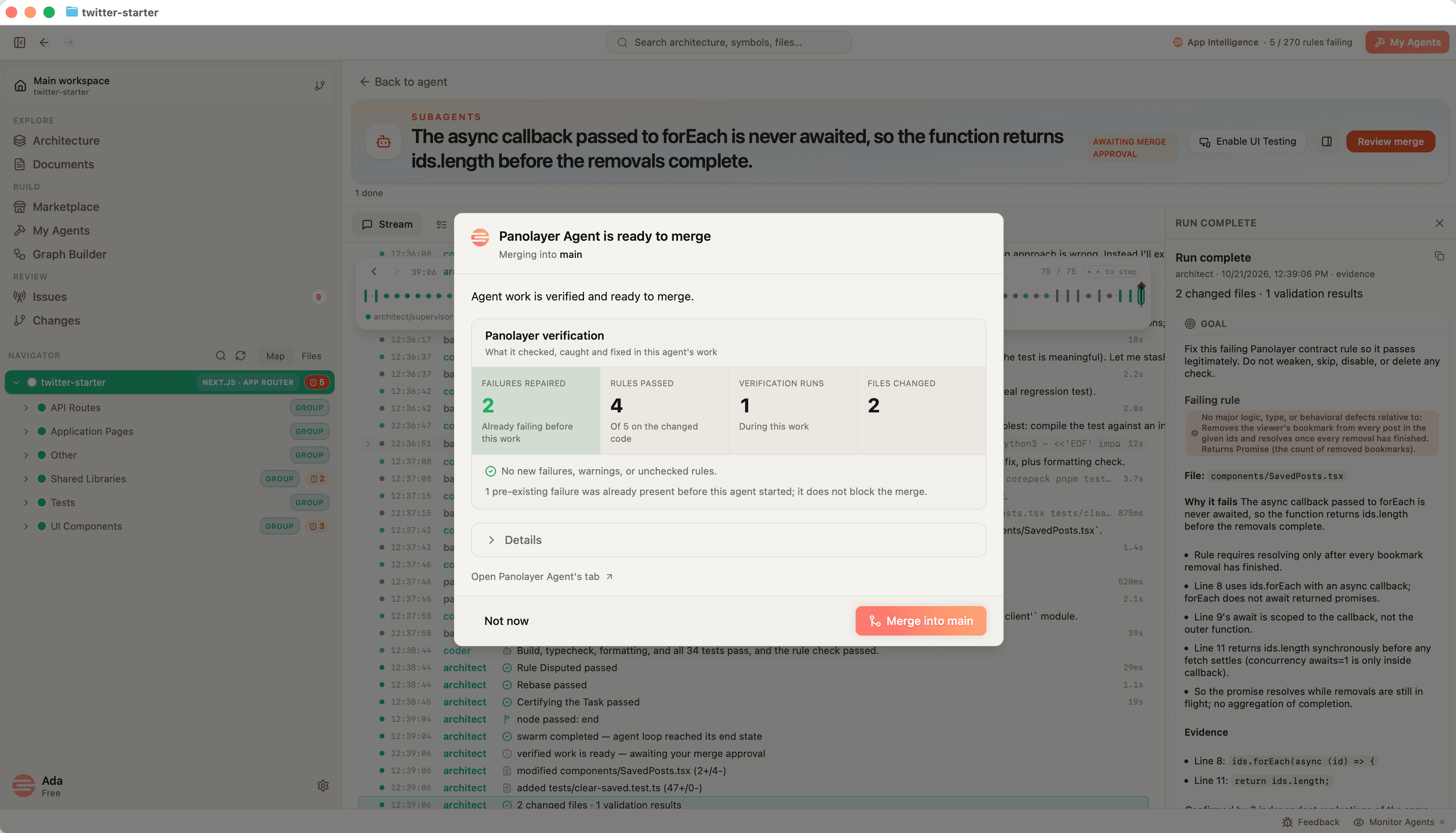 The saved-posts fix ready-to-merge dialog showing 2 failures repaired, 4 of 5 rules passed, 1 verification run, 2 files changed, and 1 pre-existing failure.