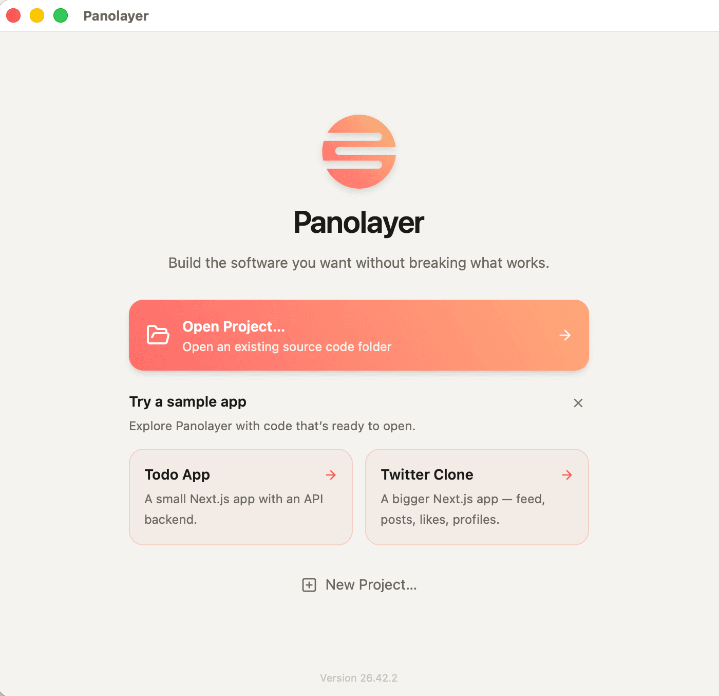 Panolayer’s opening screen with Open Project above the Todo App and Twitter Clone sample apps.