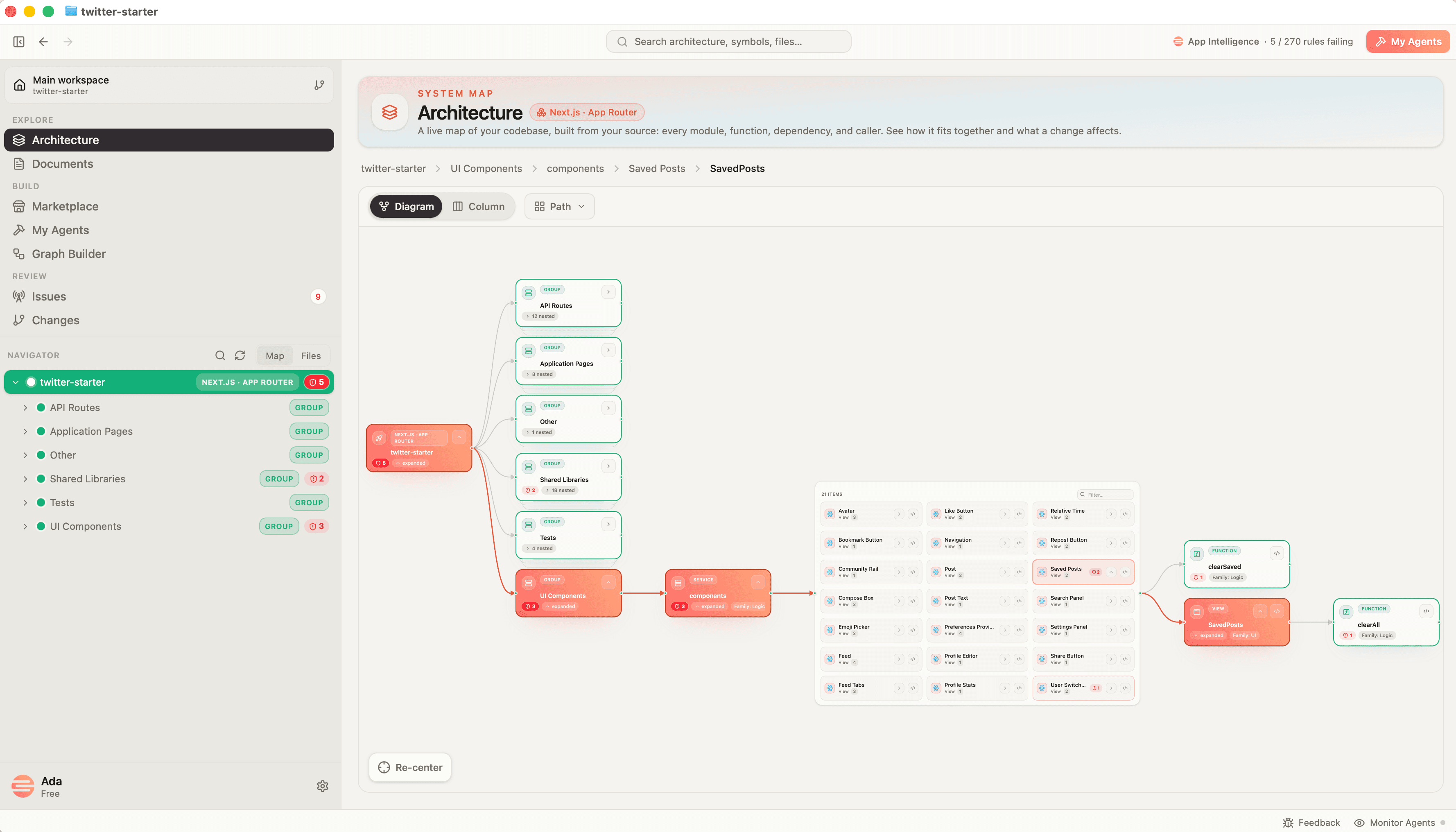 The Twitter example’s architecture map expanded through UI Components and Saved Posts to SavedPosts, clearSaved, and clearAll, with red issue badges along the path.