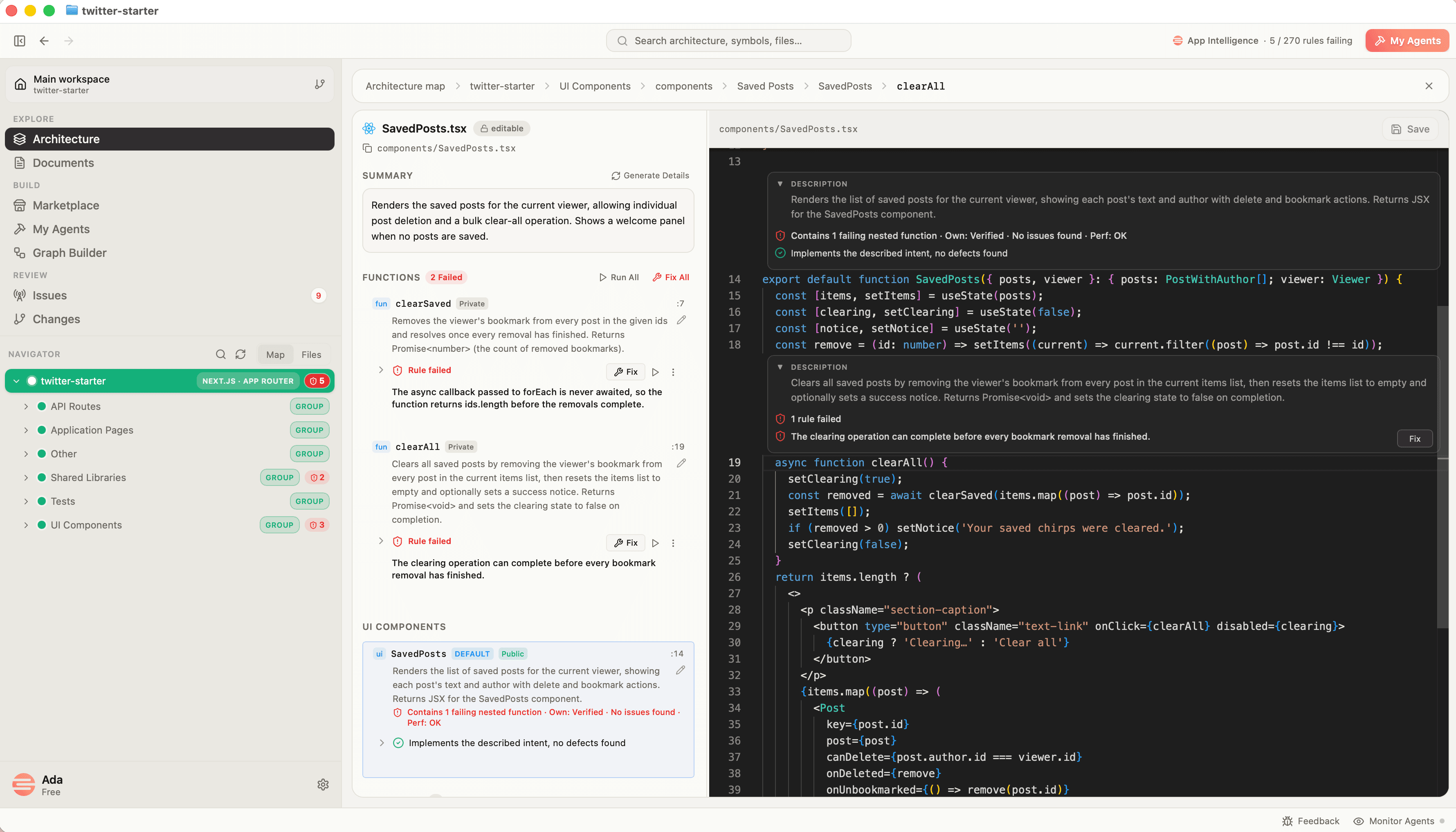 The Architecture source view for SavedPosts.tsx, with clearAll at line 19 and a Fix button in the code panel on the right.