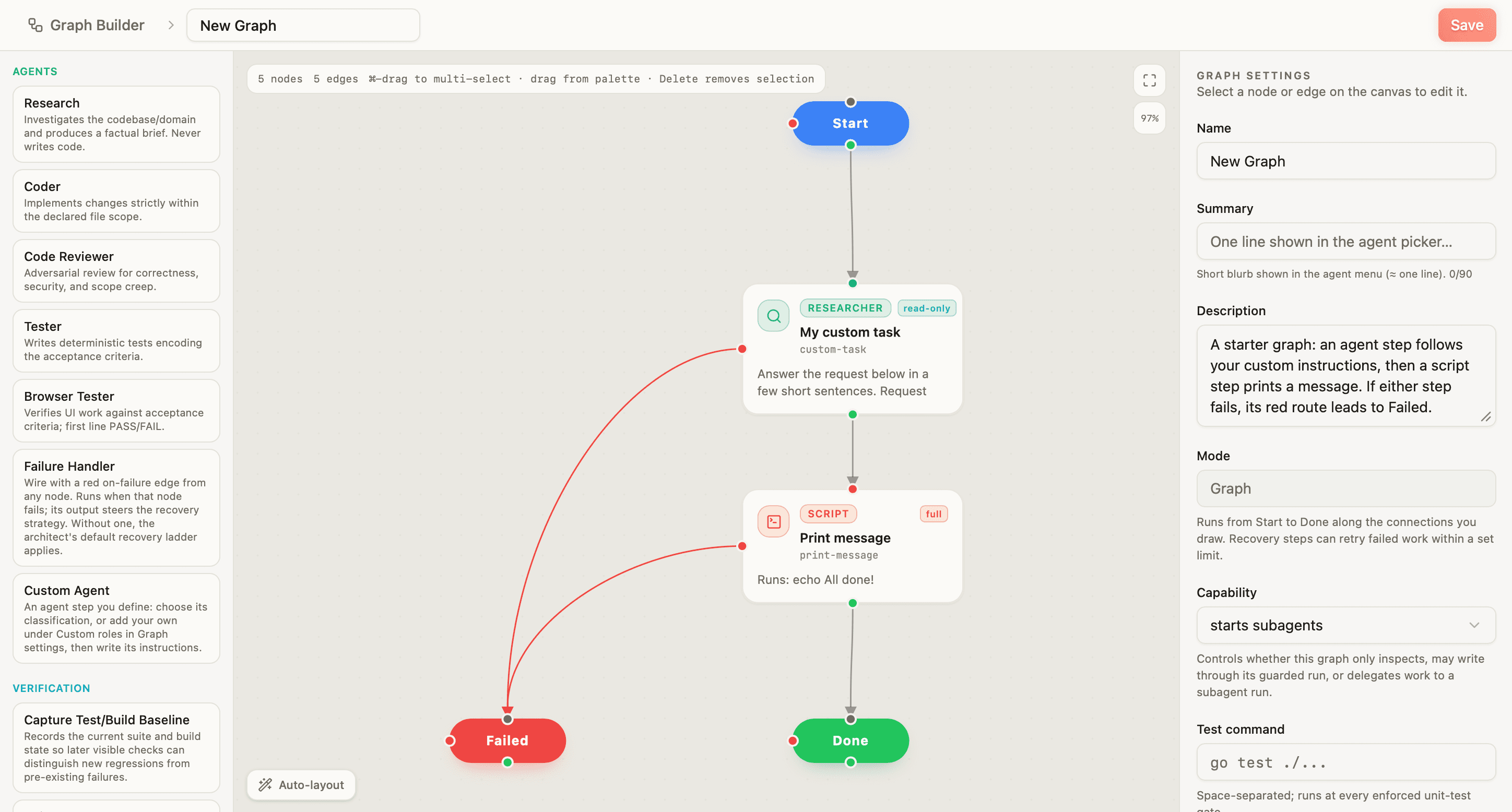 Il Graph Builder con la tavolozza dei passaggi a sinistra, il grafo sull’area di lavoro e le impostazioni del grafo a destra.