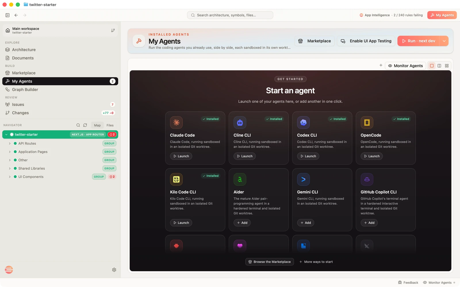 Panolayer My Agents workspace with available coding agents.