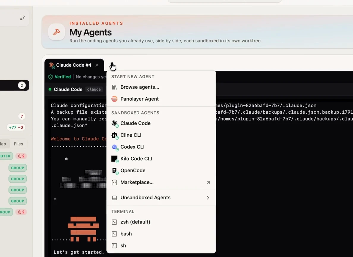 Panolayer My Agents opens Claude Code, then starts Cline CLI and OpenCode in separate tabs from the agent picker.