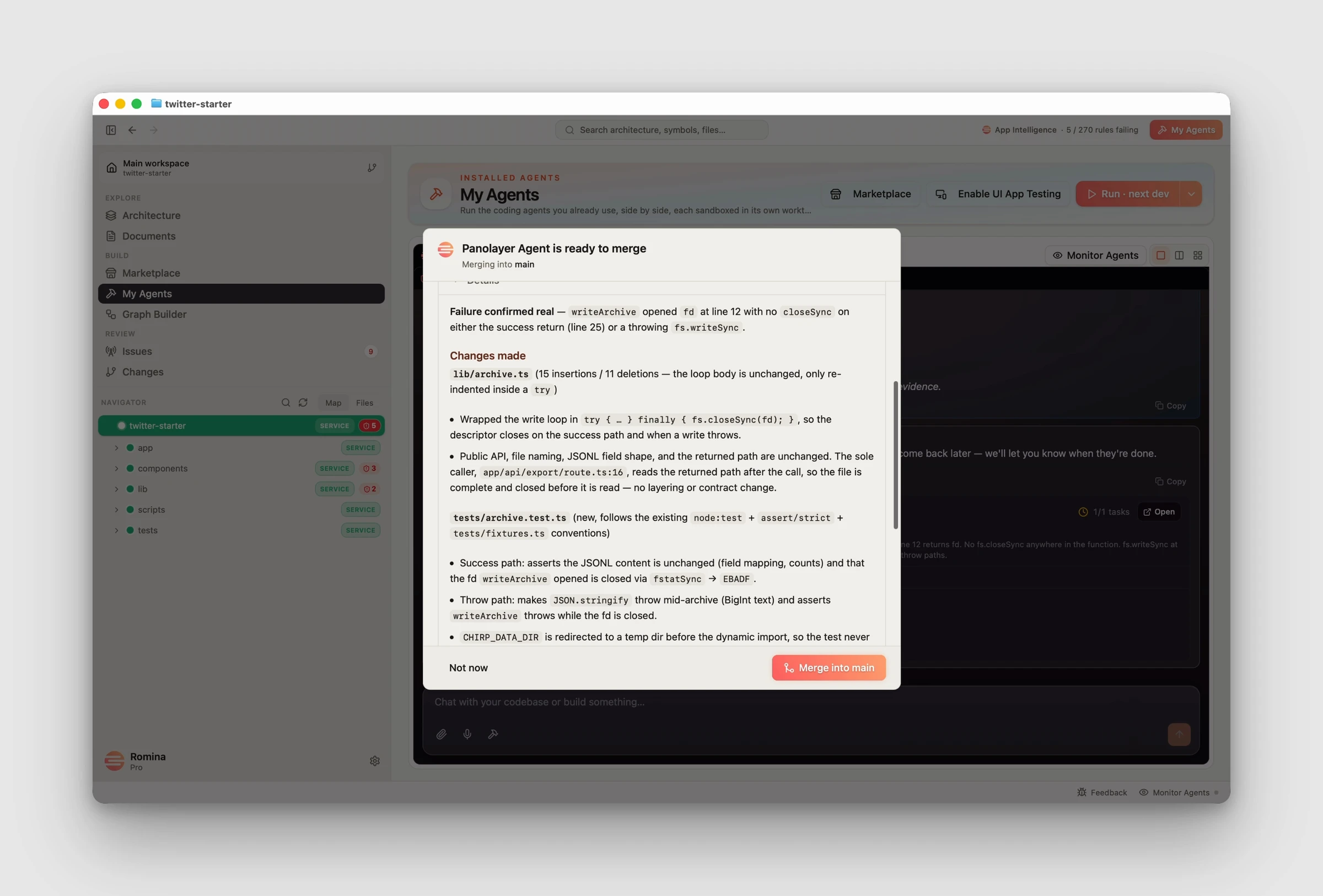 The agent's verification result is presented for human approval before merging.
