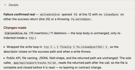 The review explains that writeArchive opens a file descriptor at line 12 without closing it on the return at line 25 or when fs.writeSync throws, then describes the repair.