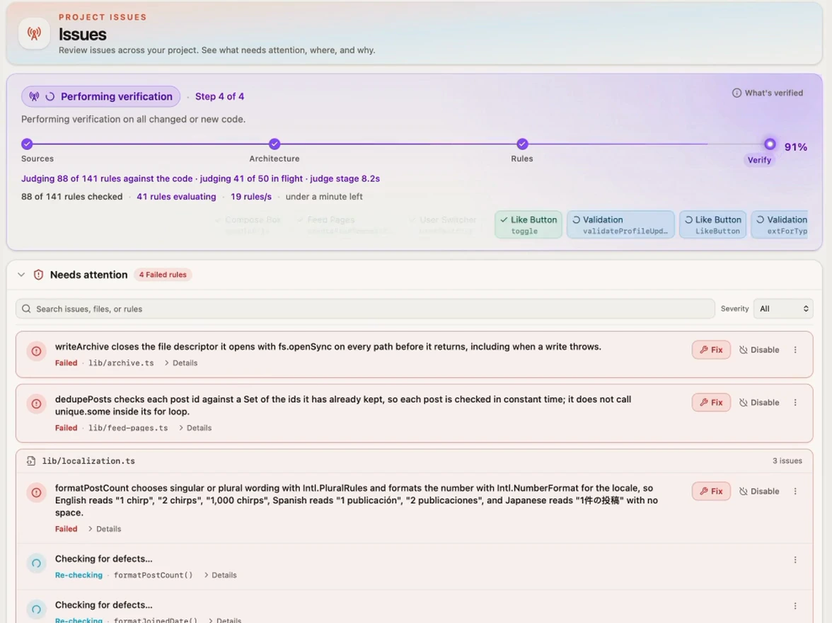 A real verification run finds a file-handle bug in writeArchive. Fix hands it to Panolayer Agent, the change is checked again, and the result is presented for review before merging.