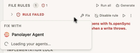The Fix menu beside the writeArchive file rule offers Panolayer Agent to work on the failure.