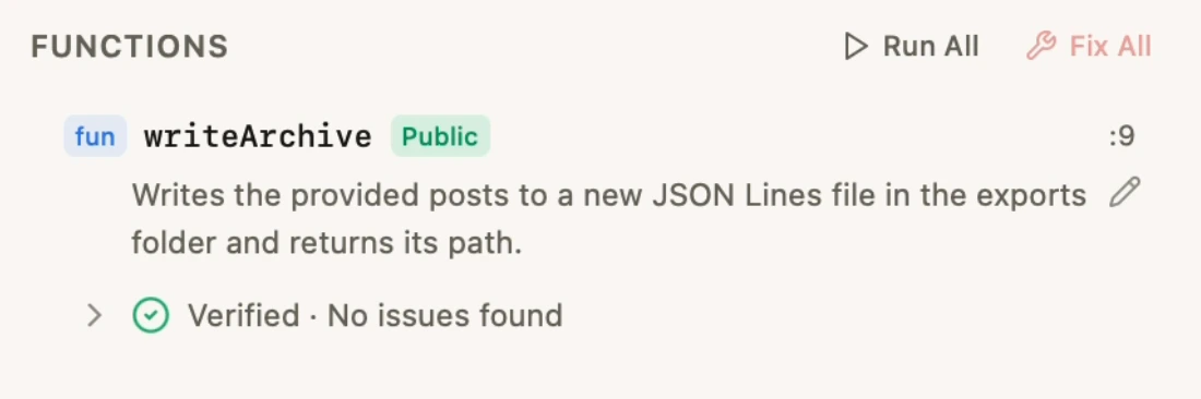 The writeArchive function description explains that it writes posts to a JSON Lines file and returns its path. A pencil control edits the description, with Verified · No issues found displayed below.
