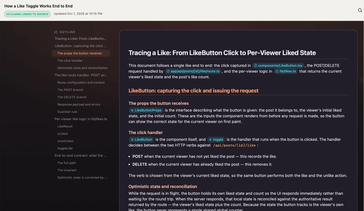 A Panolayer Studio living document with 22 claims linked to source and links to LikeButton, the like route and lib/likes.ts.