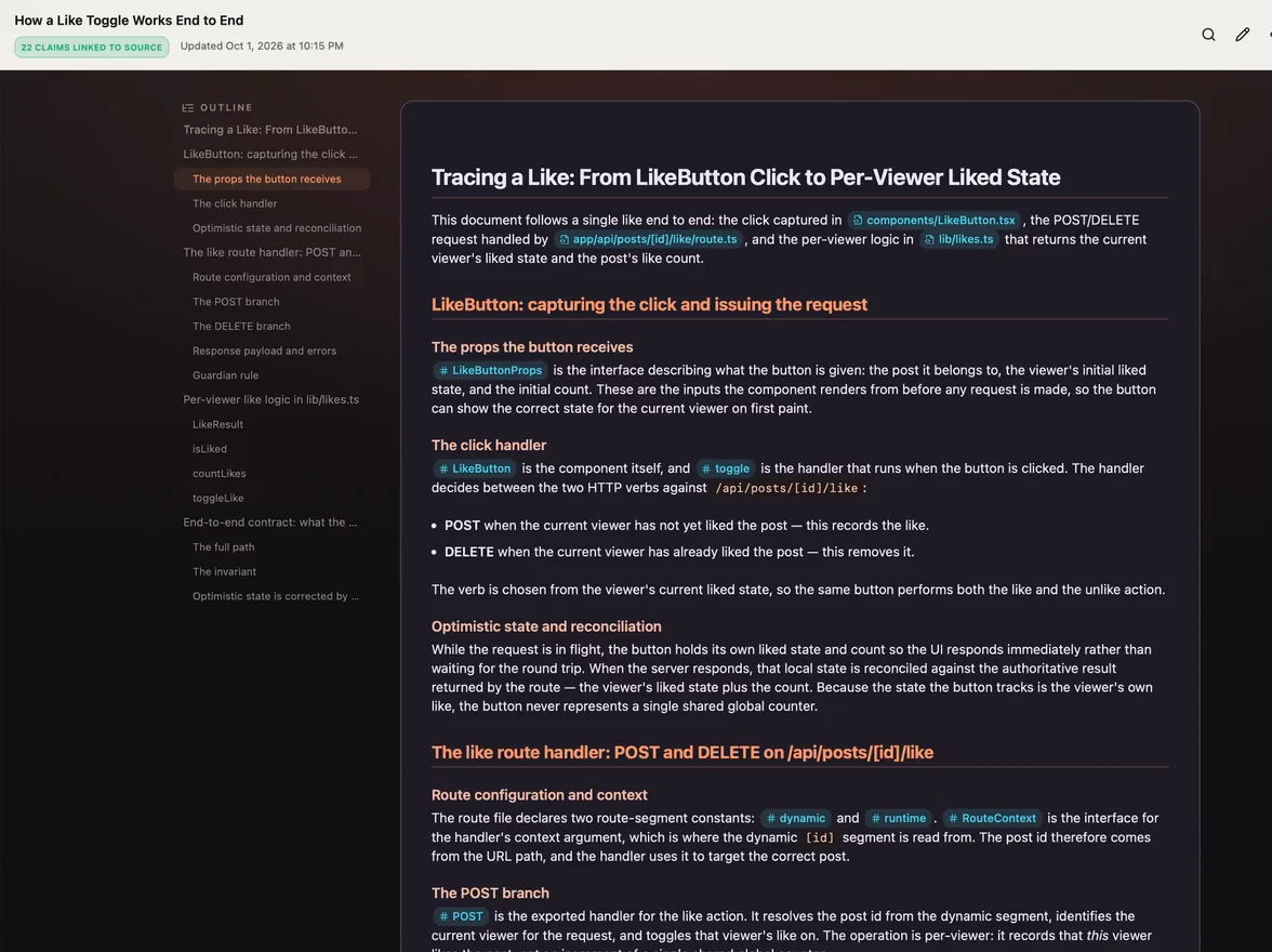 A Panolayer Studio living document showing 22 claims linked to source, its outline, and linked files and functions.