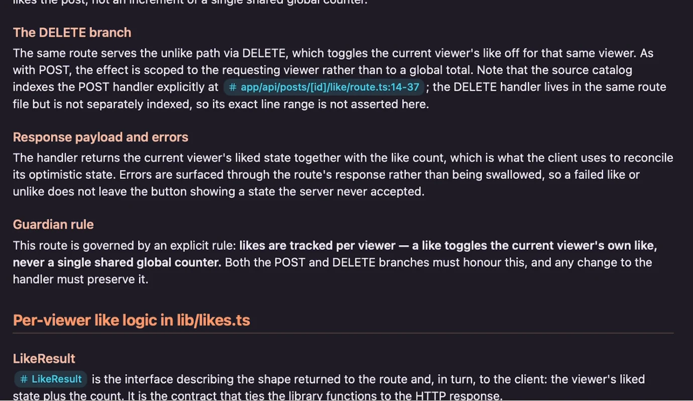 A Guardian rule quoted in a Panolayer Studio living document: likes are tracked per viewer, never a single shared global counter.
