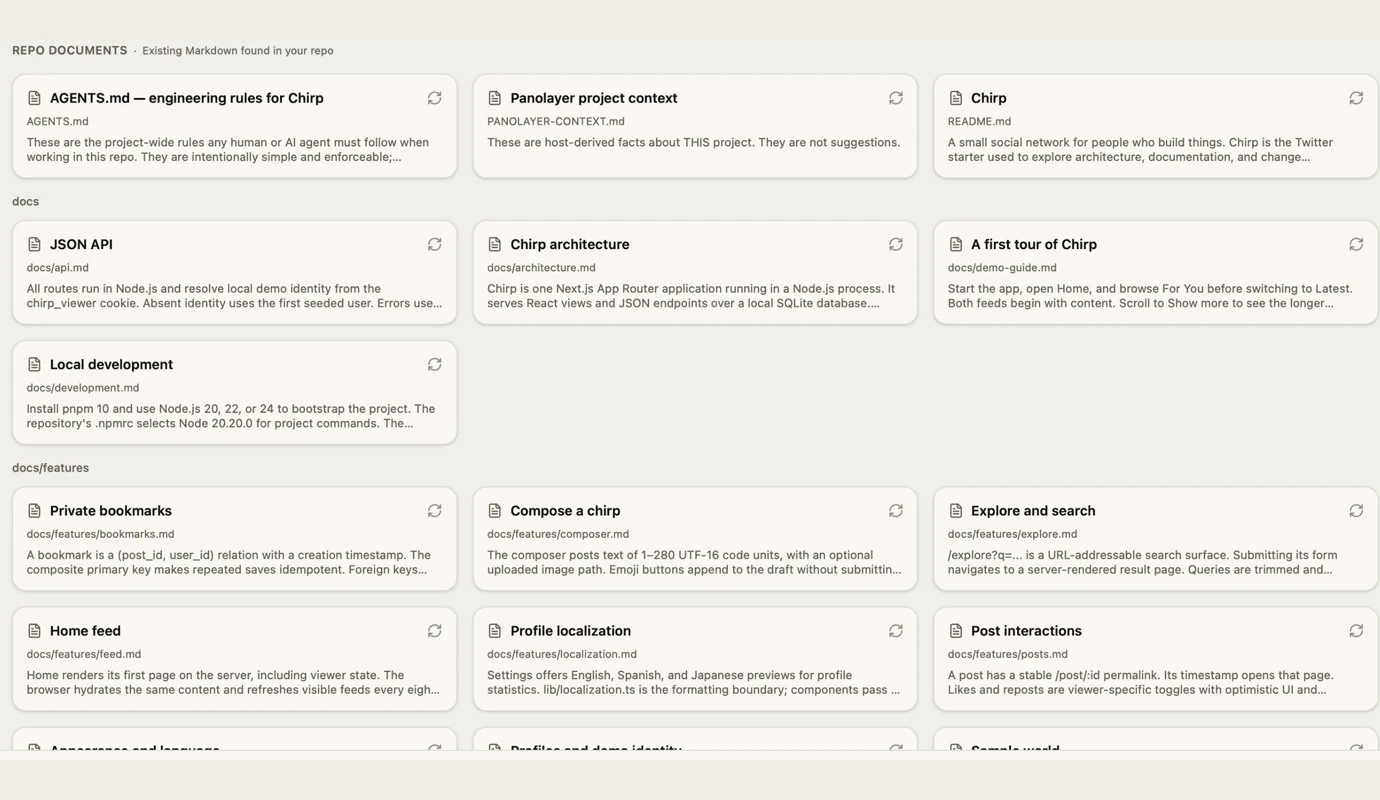 Panolayer Studio lists existing AGENTS.md and README.md files alongside documents grouped under docs and docs/features.