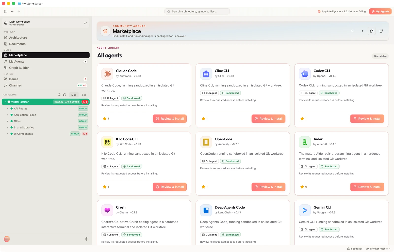 The Panolayer Agent Marketplace with install actions for coding agents.