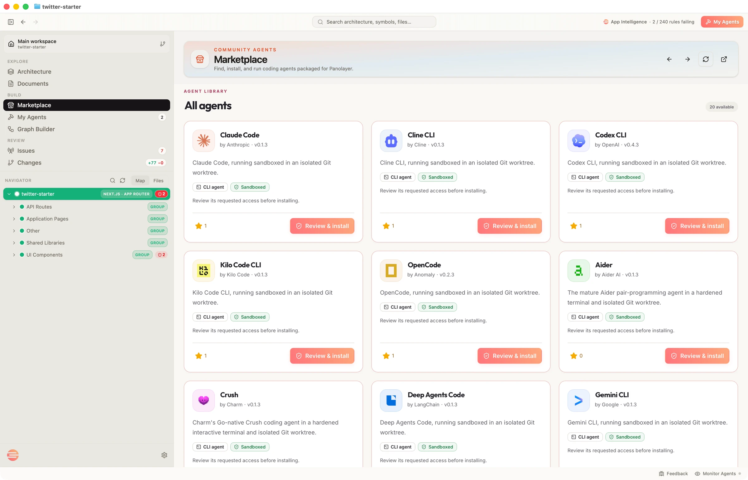 The Panolayer Agent Marketplace with install actions for coding agents.