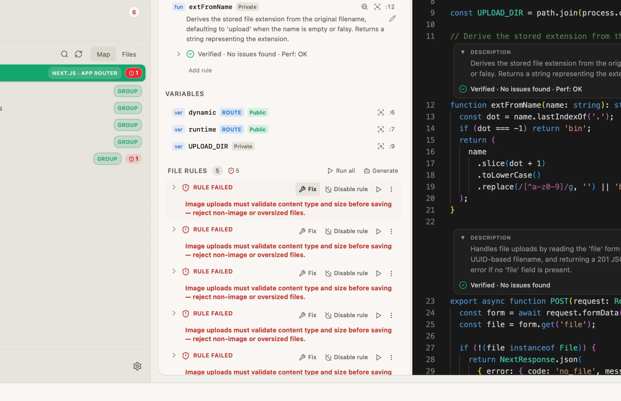 Failed rules and Fix actions next to the source code.
