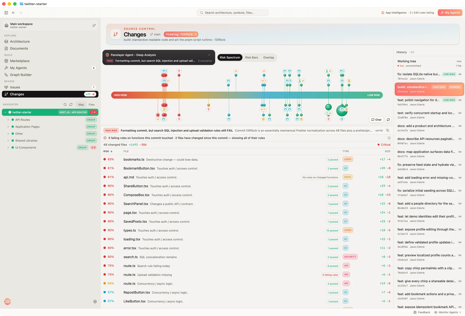 The Studio workspace with risk-ranked changes, verification results and commit history.