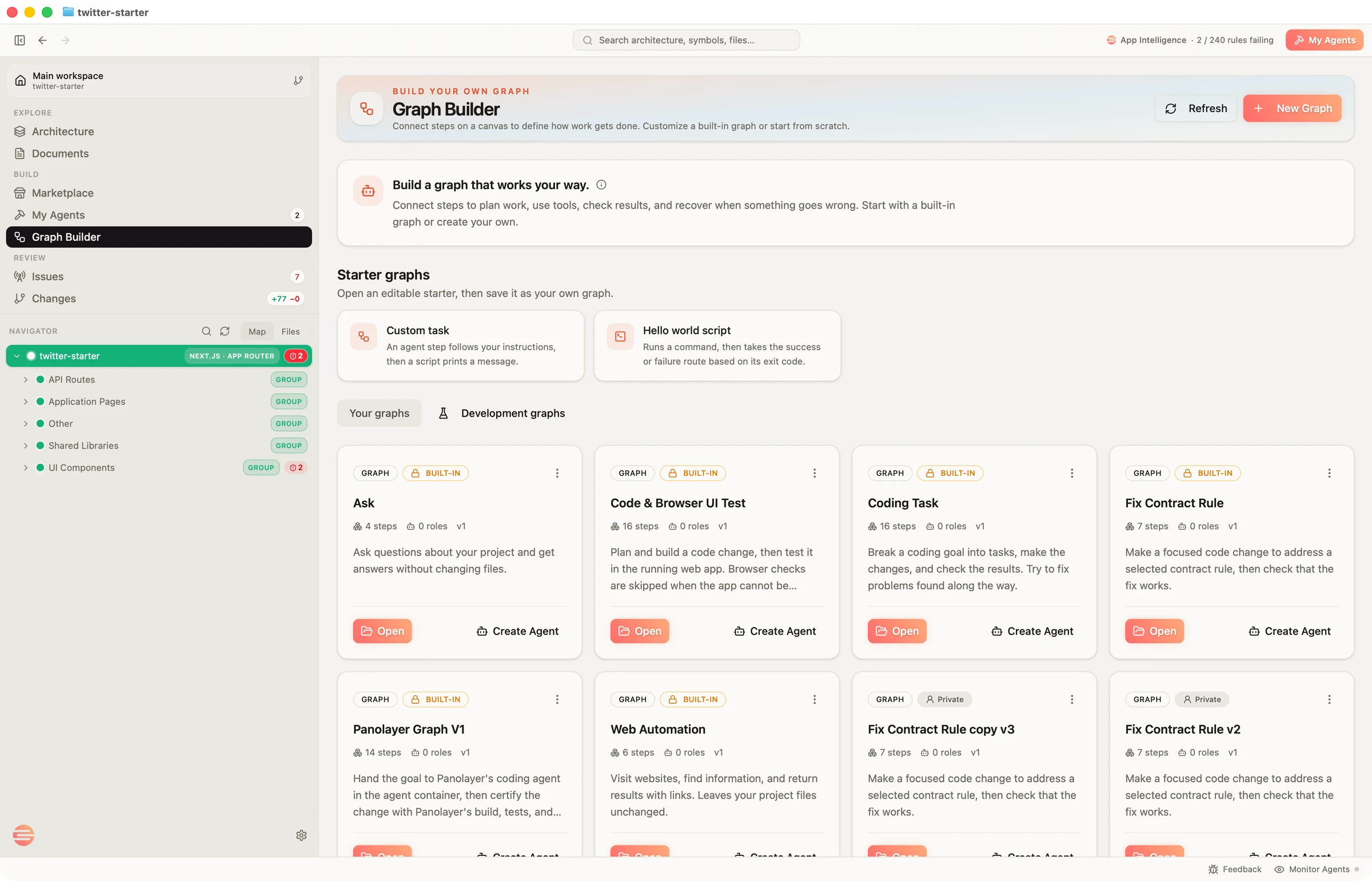 Built-in starter graphs and saved agent graphs in the Graph Builder library.