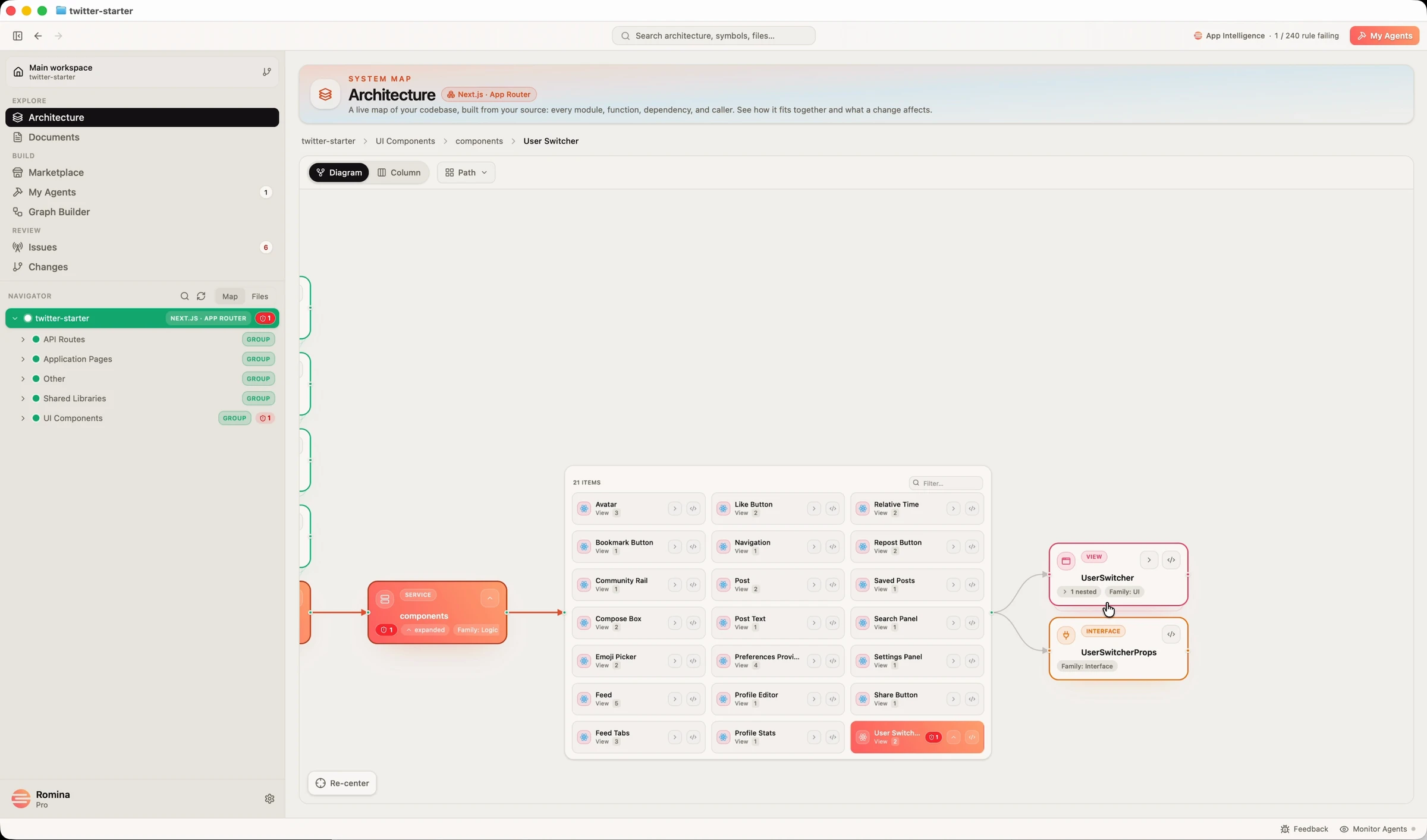 Architecture walkthrough expanding groups and tracing dependencies to a function.