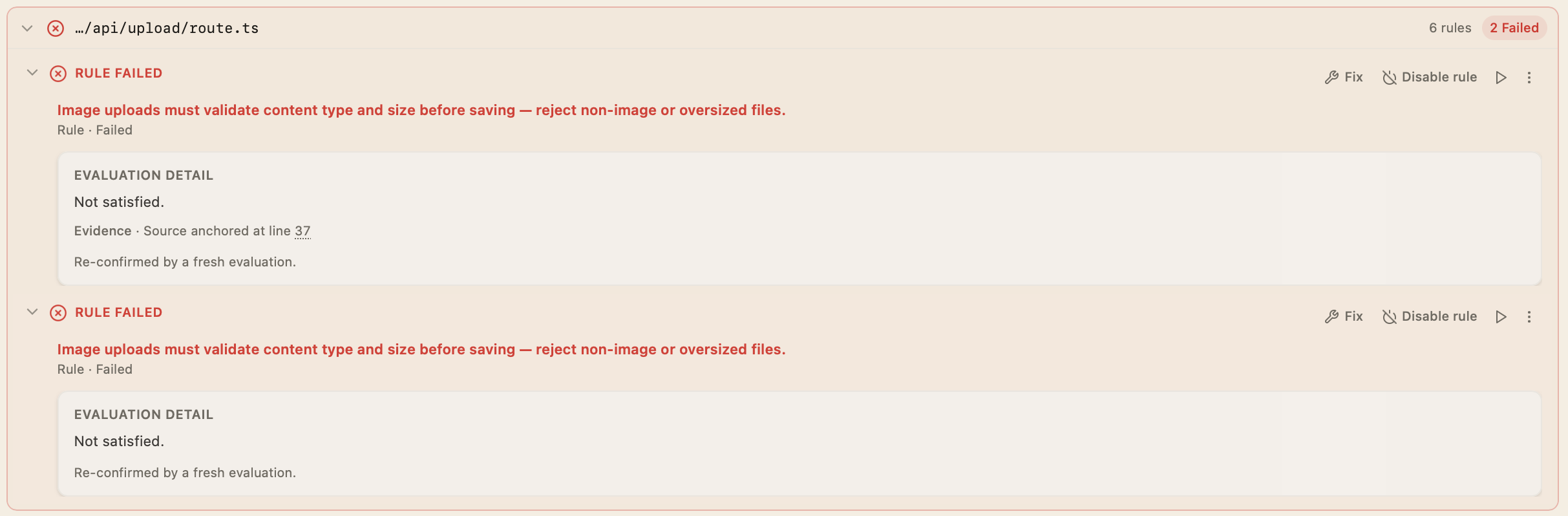 Failed image-upload validation rules in Panolayer, showing evaluation details and a source-line reference.