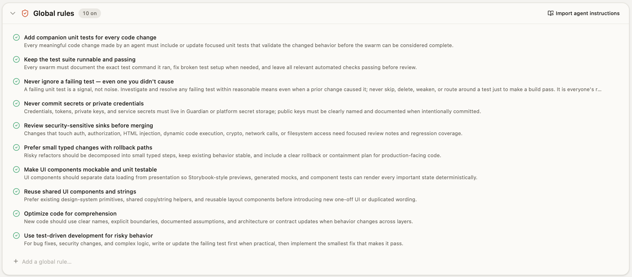 Global rules in Panolayer, with enabled rules and controls to import agent instructions or add a rule.